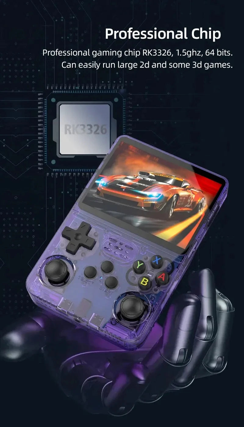 Retro handheld game system with IPS screen and dual joystick controls for smooth play