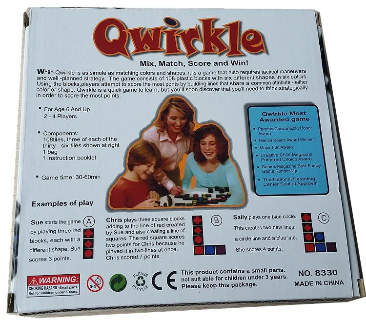 Qwirkle wooden game enhancing logic and sensory processing skills.