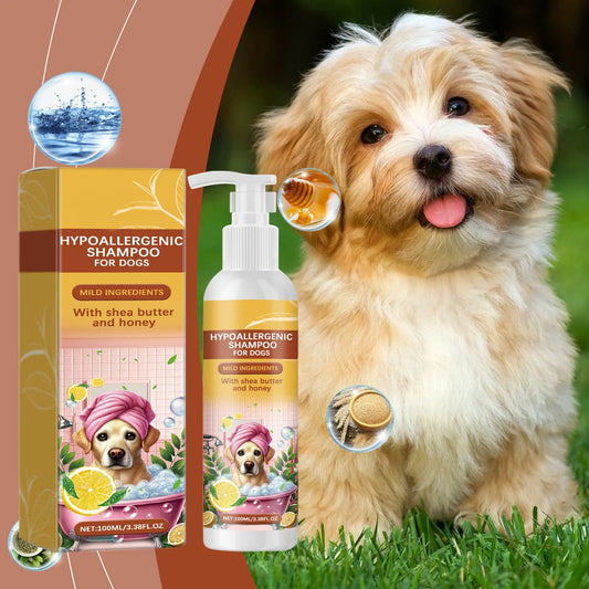 Hypoallergenic dog shampoo bottle with natural ingredients
