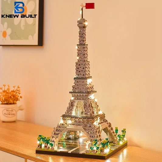 Knew Built Paris Eiffel Tower miniature model kit made with micro bricks, displayed on a shelf