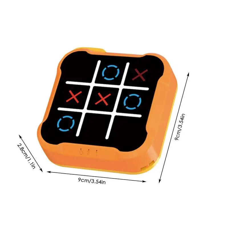 Close-up of illuminated tic-tac-toe grid on a children’s electronic puzzle toy.