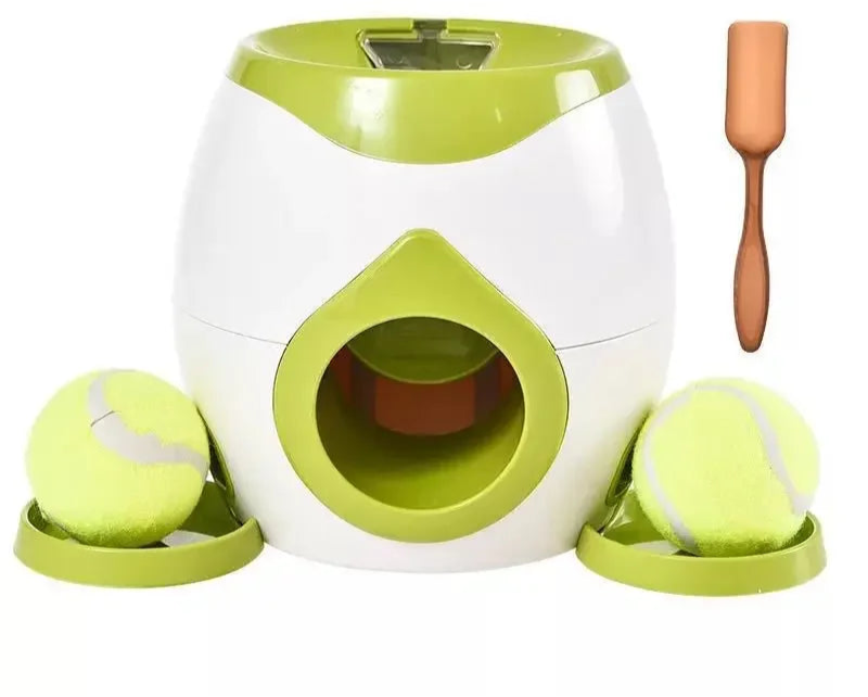 Green and white pet toy with tennis balls and a wooden tool on a white background