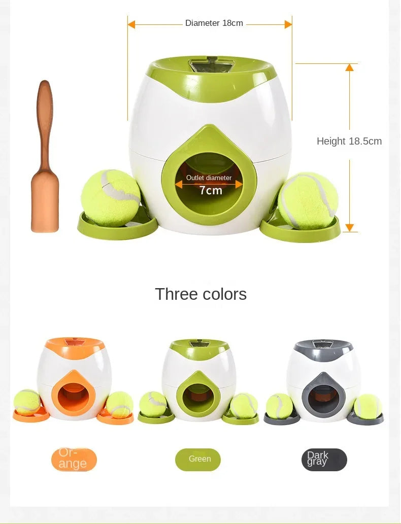 Pet toy with tennis balls and dimensions displayed, available in three colors.