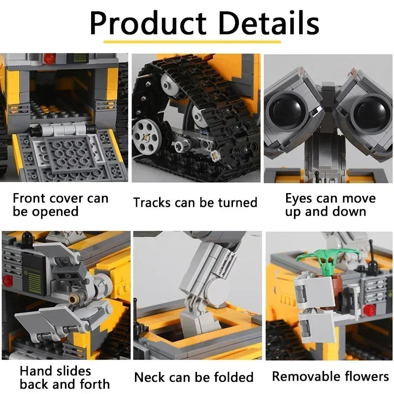 Close-up of Wall-E inspired building blocks and motor parts.