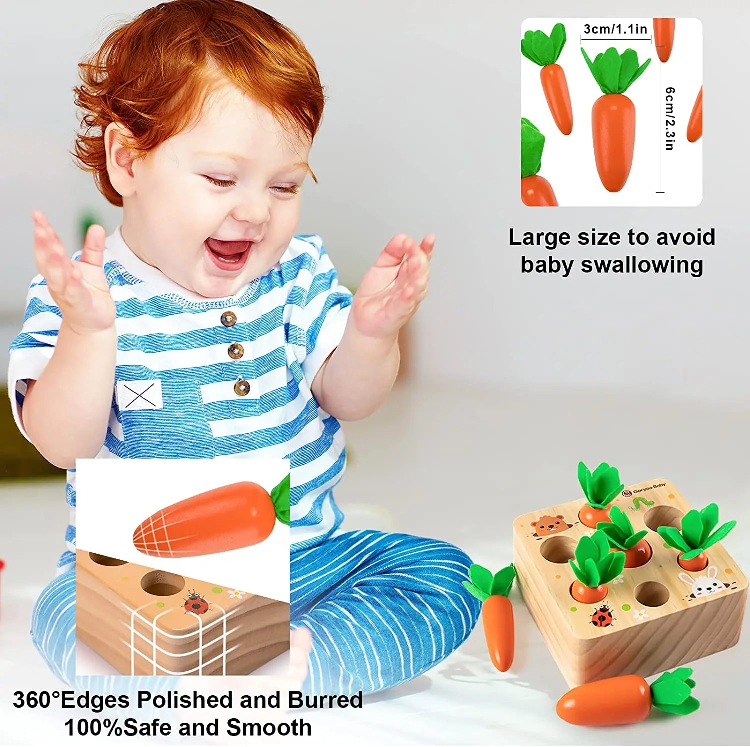 Child exploring wooden educational toy with shapes and interactive elements
