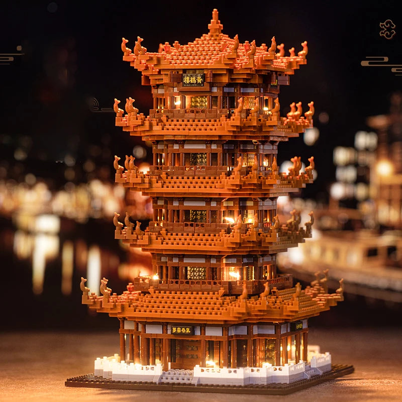 Finished model of the Yellow Crane Tower built from durable blocks, showcasing fine detail.
