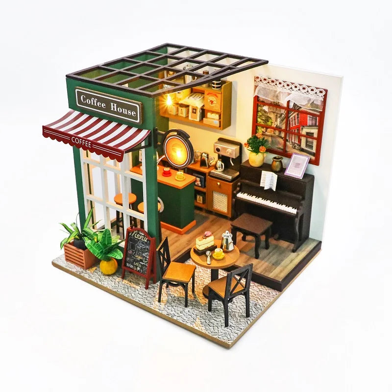Completed DIY 3D Wooden Cafe Puzzle – a beautiful coffee house model built from wooden pieces”
