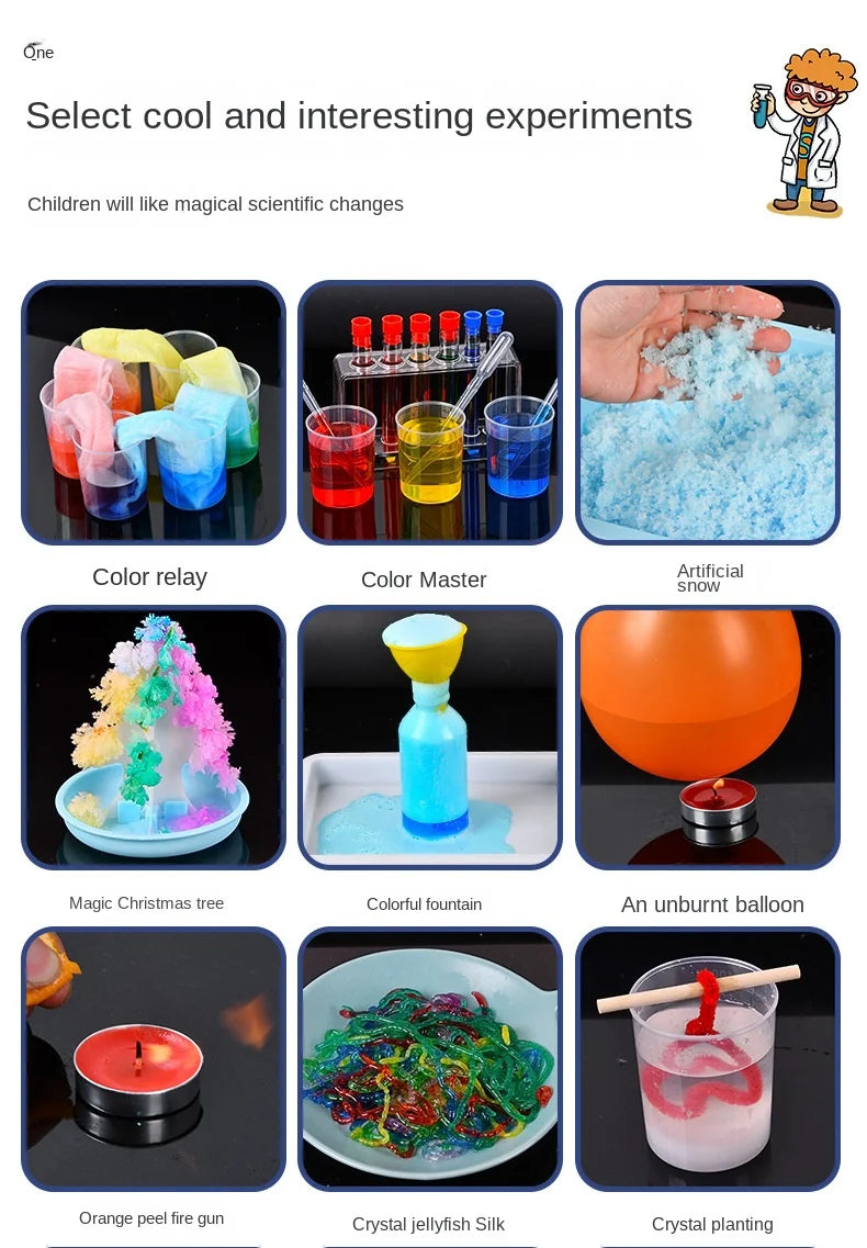 Kids chemical experiment set with colourful tools and accessories