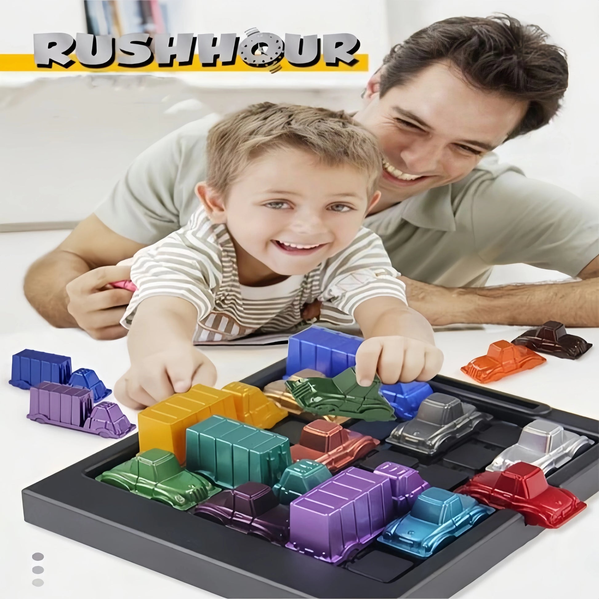 Child solving traffic rush hour brain teaser puzzle game.