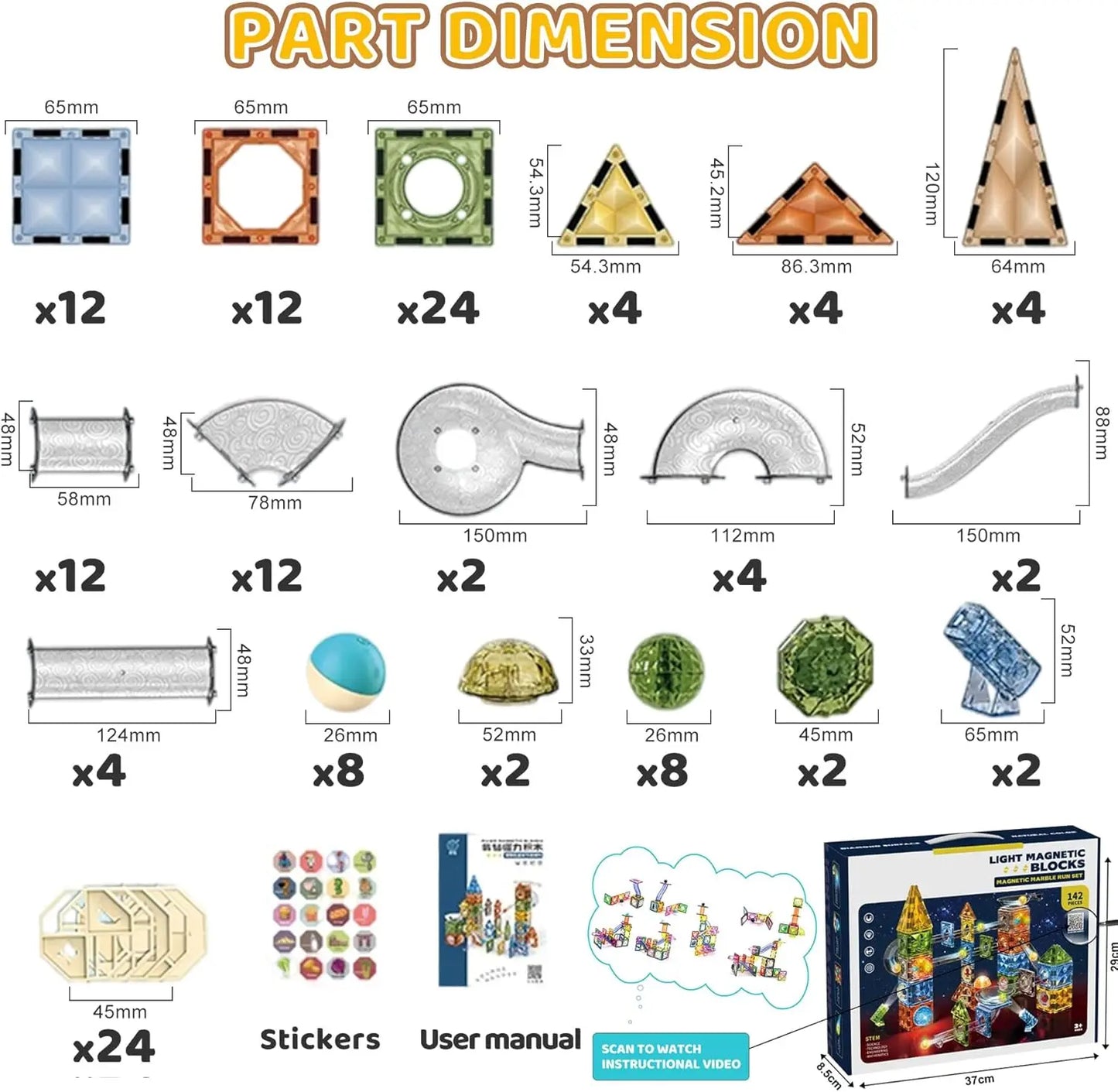 dimensions of 100-piece magnetic marble tile set for kids aged 3