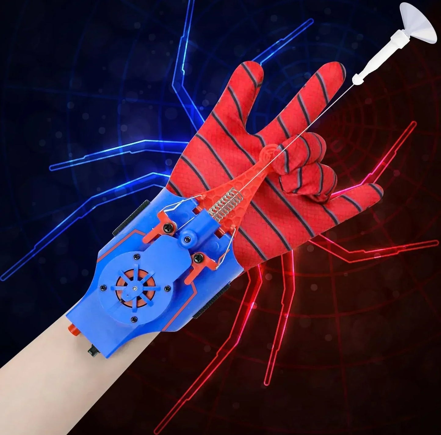 Web string mid-launch from Spider-Man glove toy
