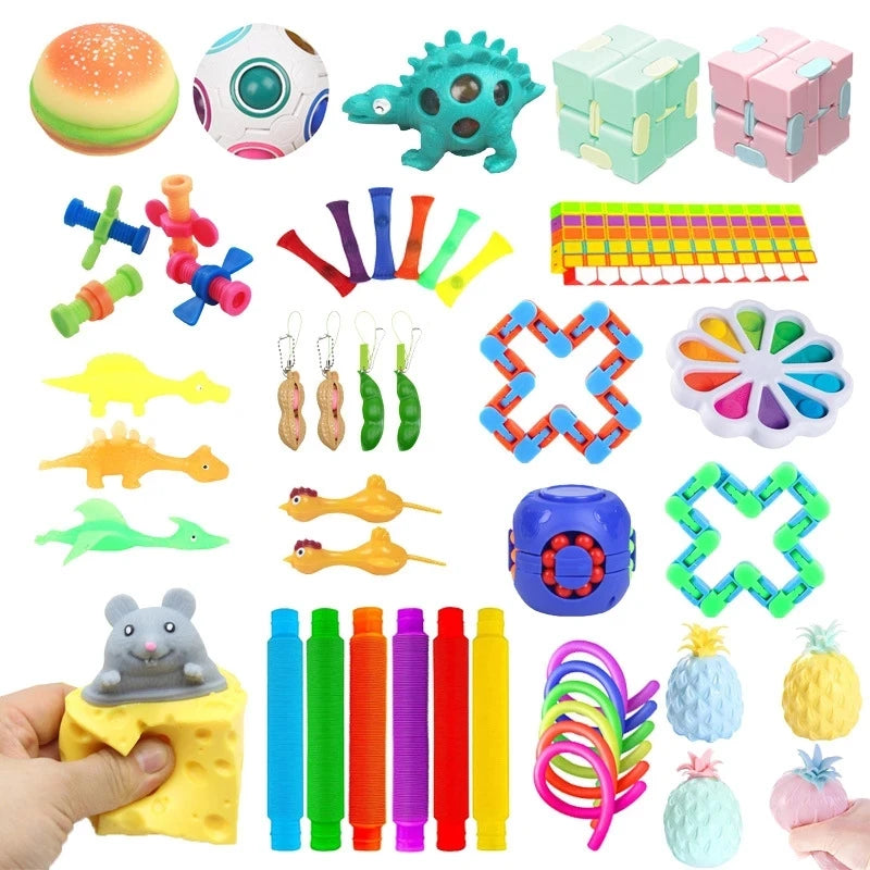 Colourful fidget toys laid out for sensory play