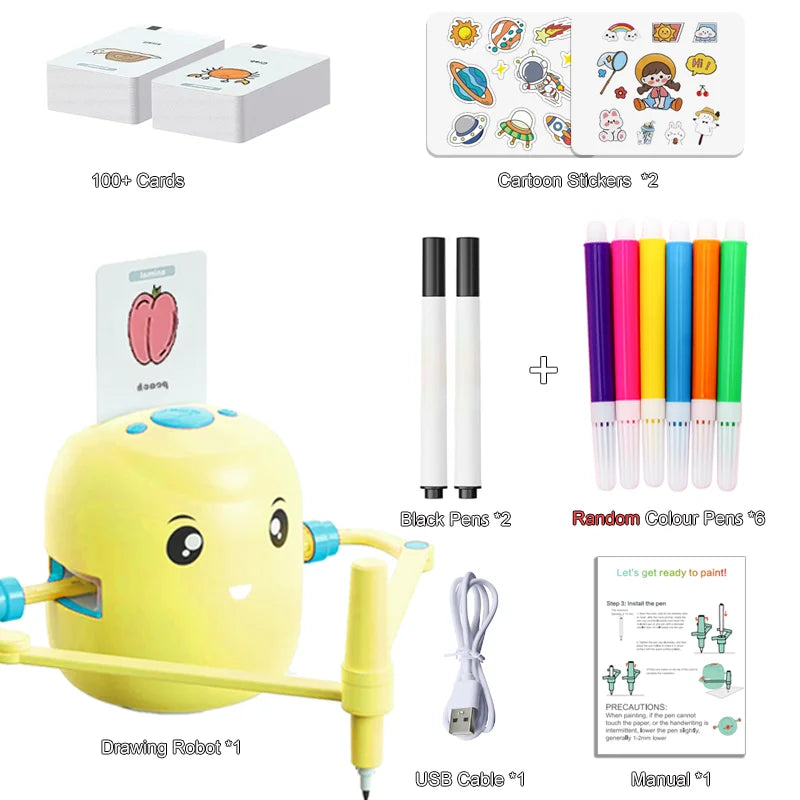 AI drawing robot toy for kids with 100 creative step-by-step art cards.