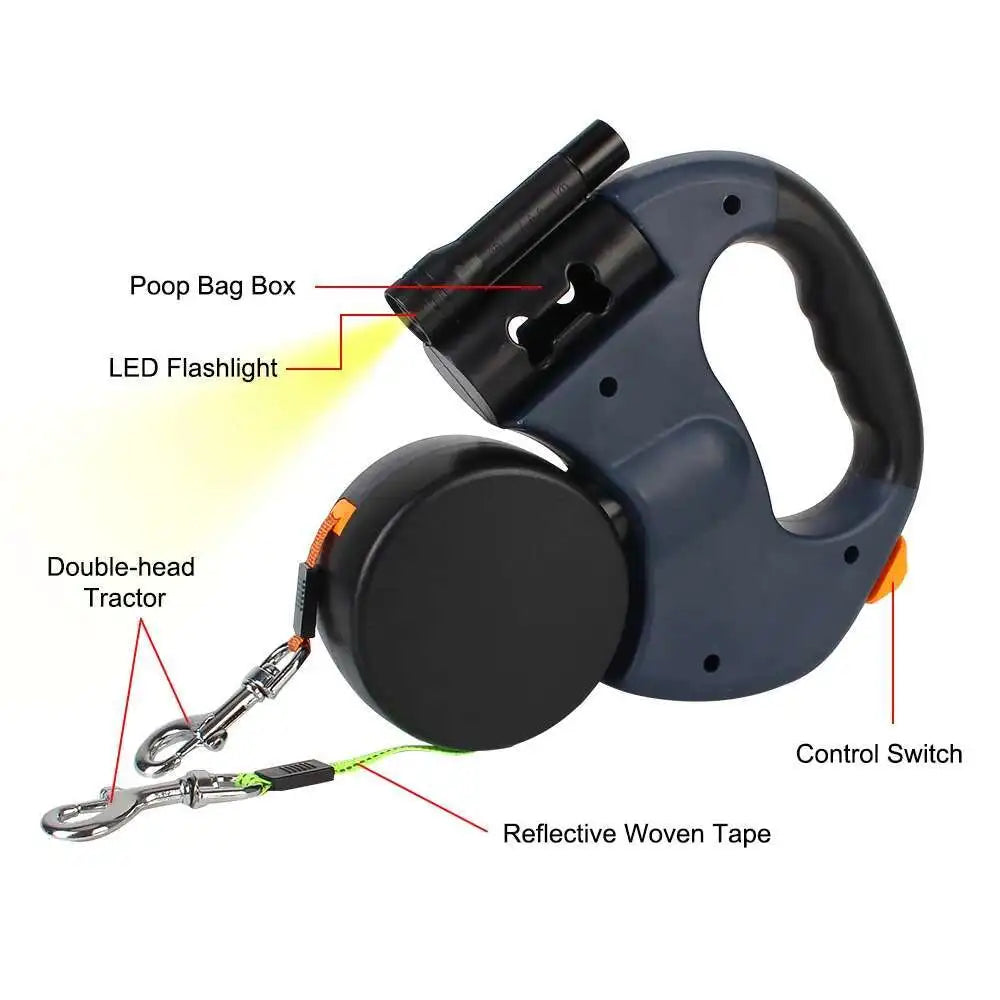 Angle-free dual leash setup for walking two dogs smoothly
