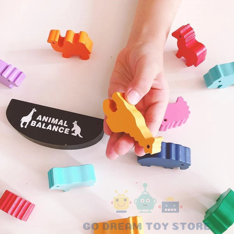 Close-up of colorful rainbow wooden stacking blocks on a play table