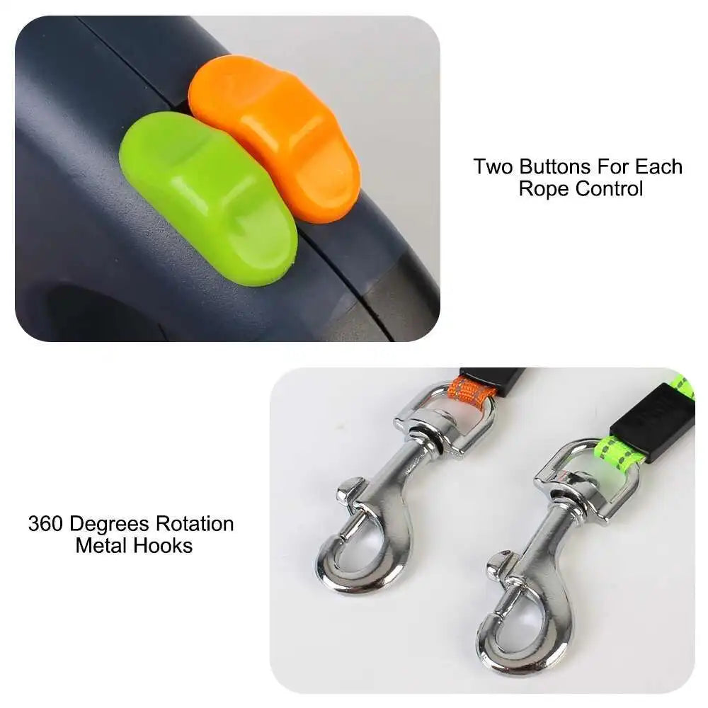 Durable dual retractable dog leash for tangle-free dog walking comfort.