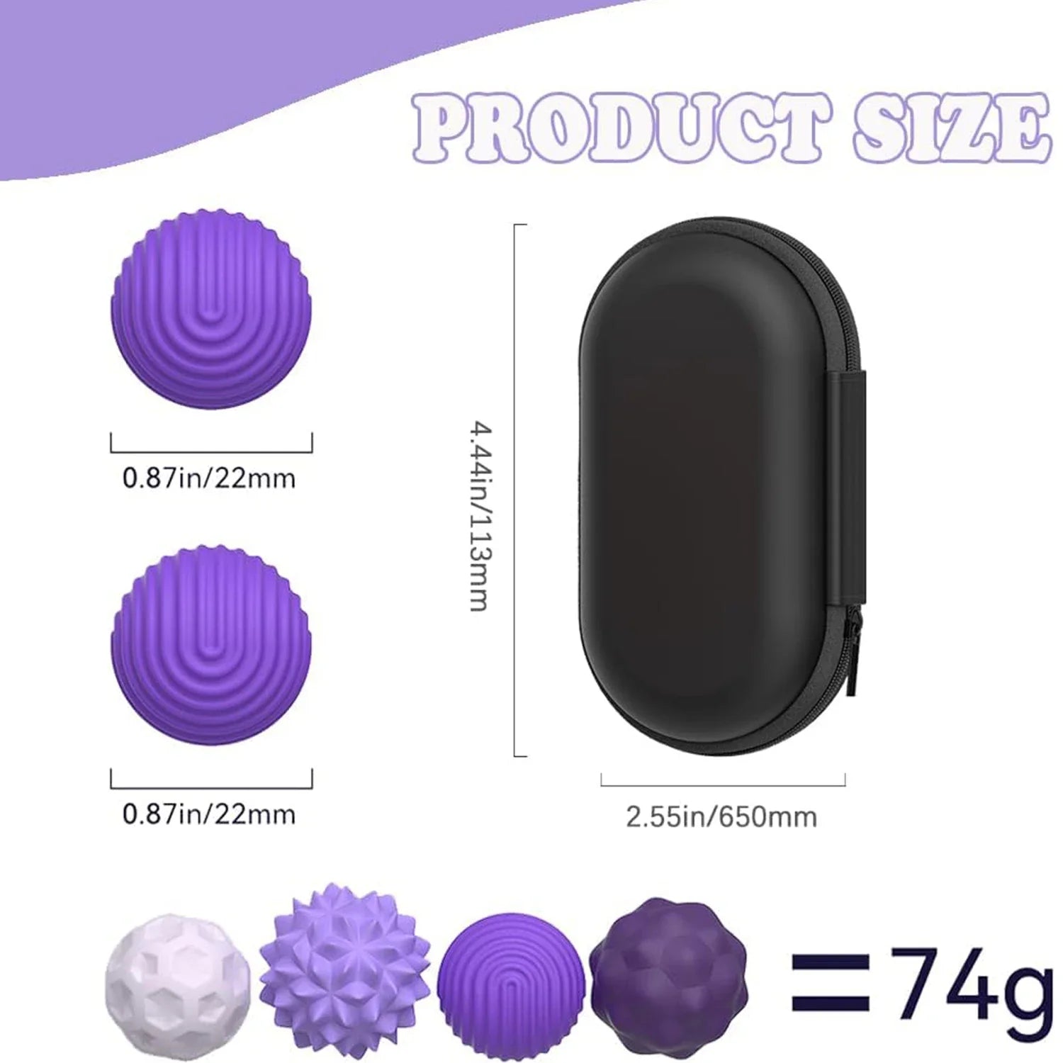 Product size chart with purple textured balls and a black case on a white background
