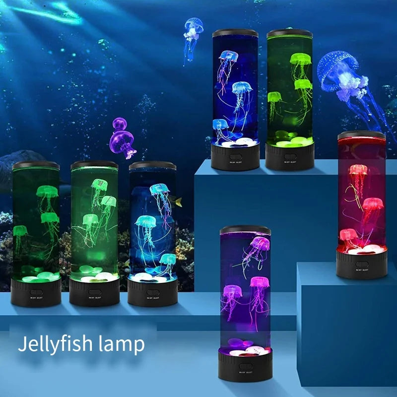 Jellyfish lamps in various colors on a blue background