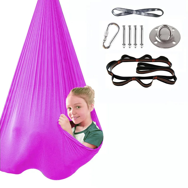 Purple hammock with hardware components on a white background