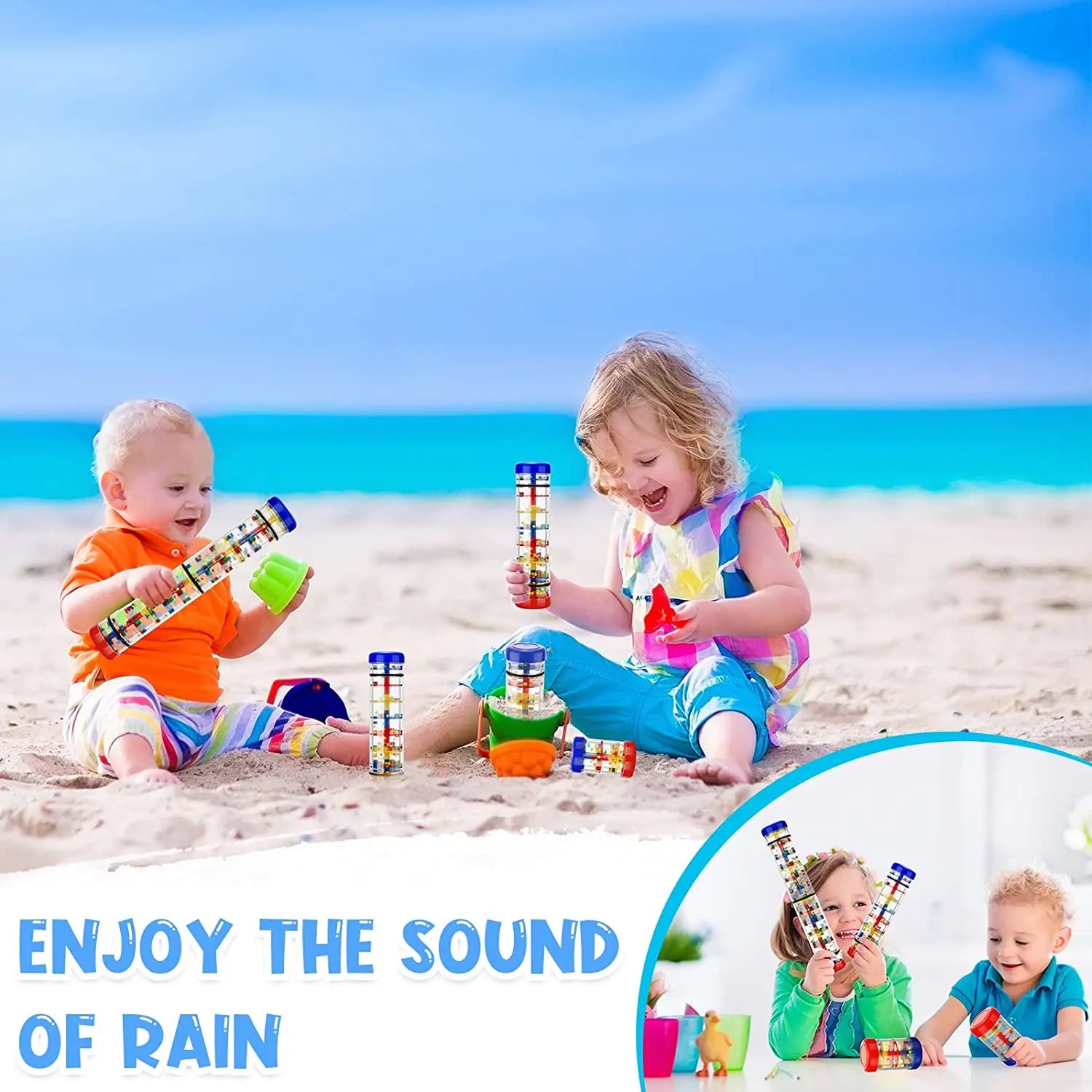 Two children playing with colorful sand toys on a beach with text 'Enjoy the sound of rain'.
