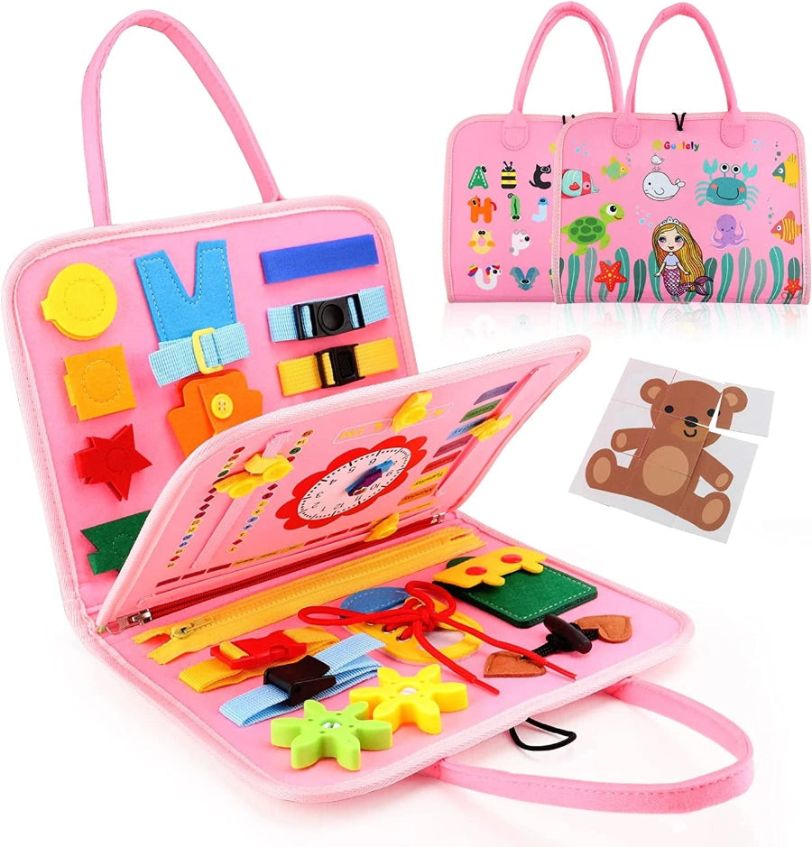 Sensory activity board with zippers and laces for motor skill building