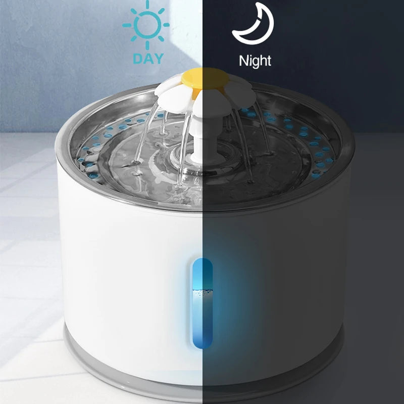 Pet water fountain with day and night mode indicators on a gray background