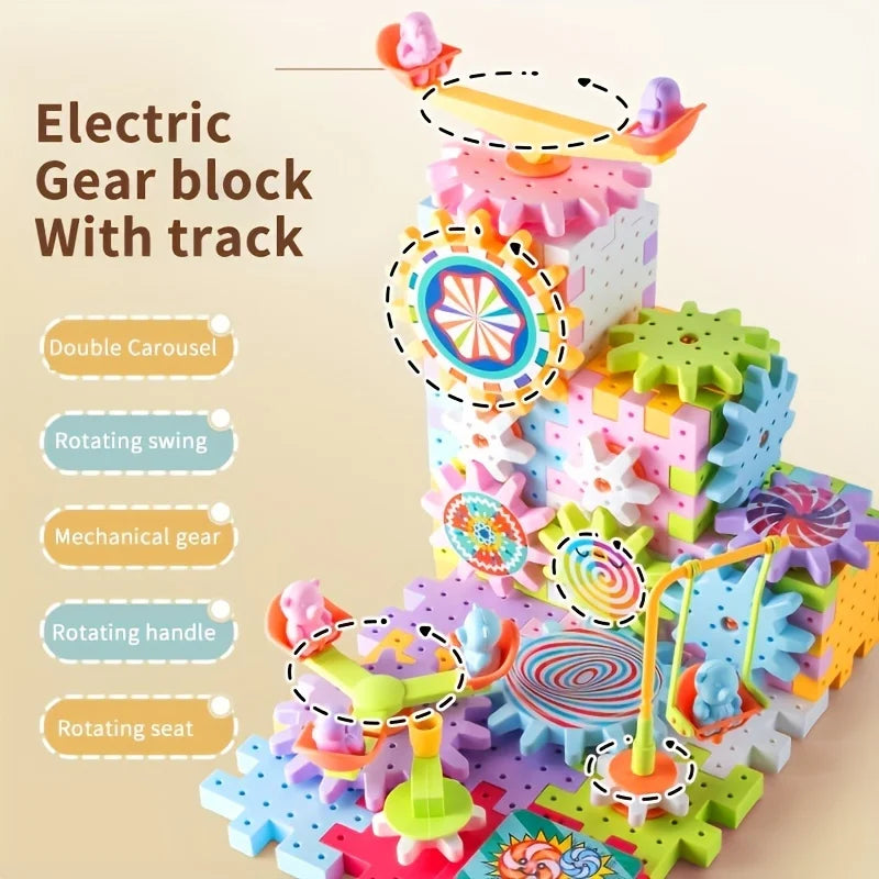 Big block gear building toy with spinning gears for STEM learning.