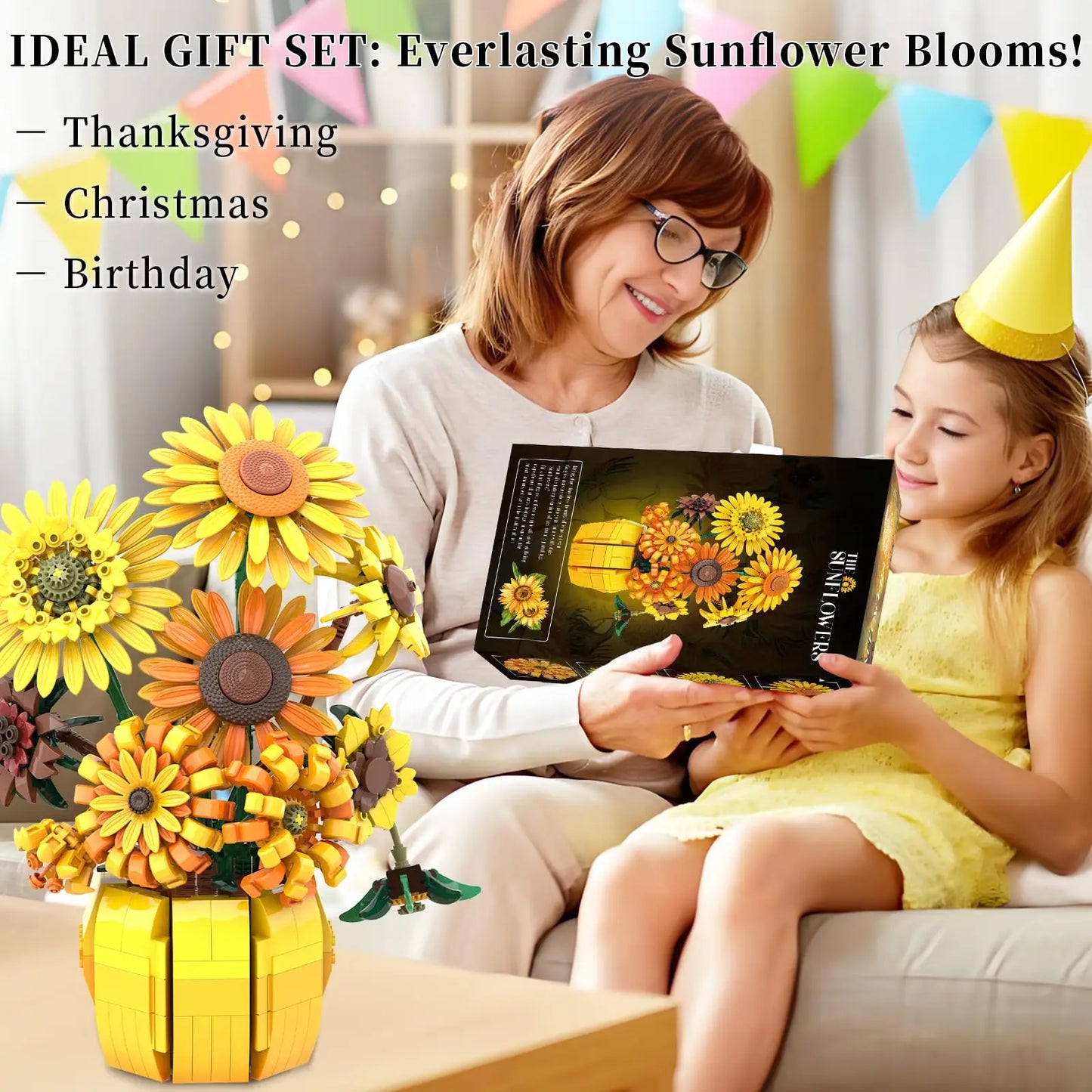 Child and parent assembling sunflower building blocks together