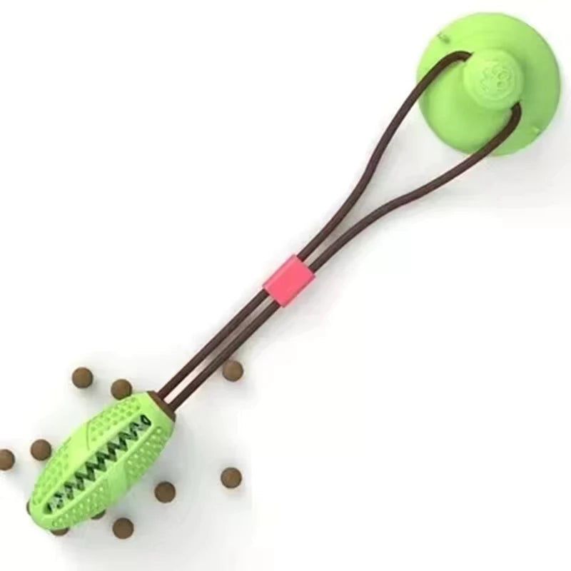 Heavy chew-resistant rope toy suctioned to floor for solo play