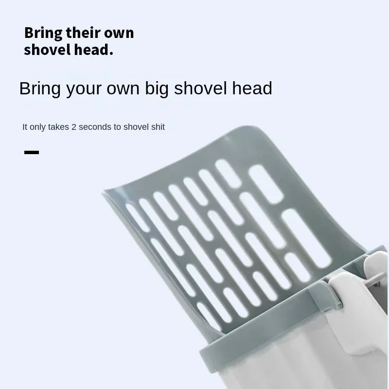 Close-up of ergonomic handle and filtered scoop design for mess-free litter box cleaning