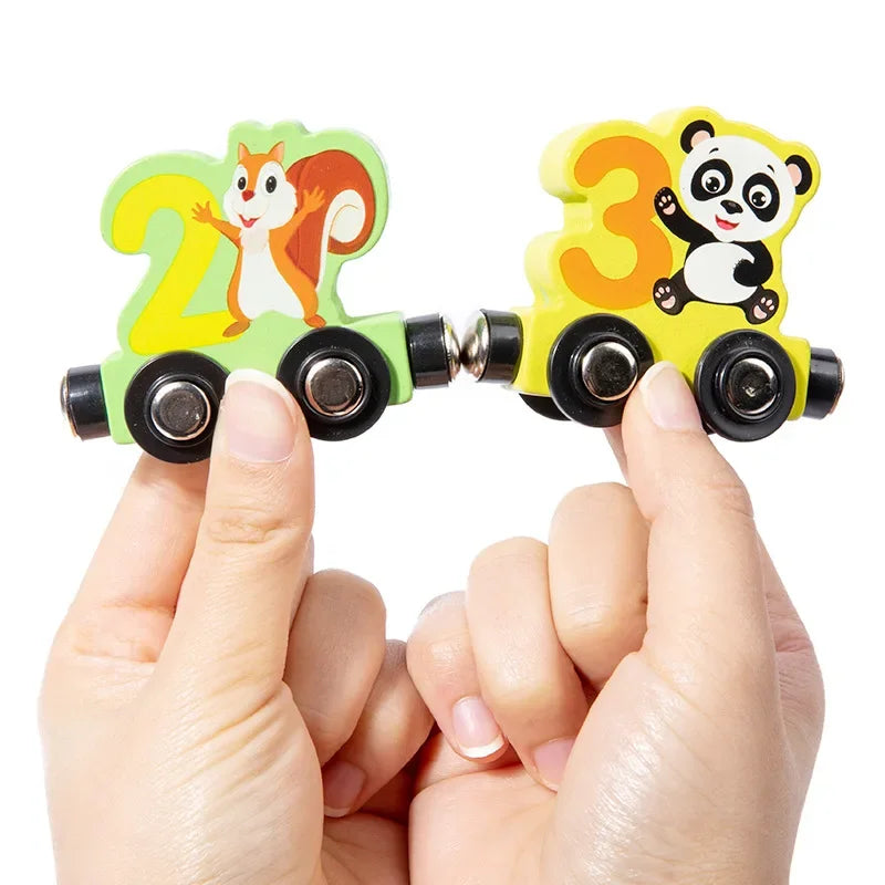 Wooden train toy teaching colours and numbers through Montessori play.