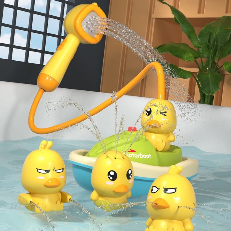 All components of duck-themed bath toy set displayed: shower head, spray toys, sliding ducks, and modular track