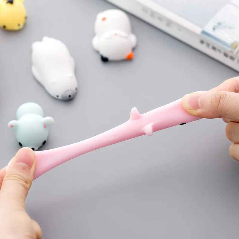 Kawaii-style squishy animals arranged in rows for stress and anxiety relief
