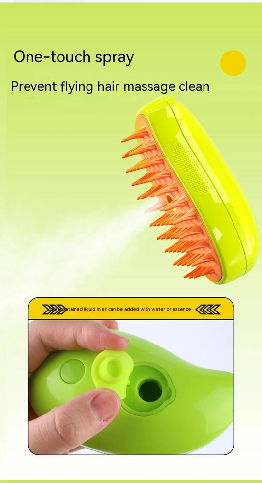 Pet owner grooming dog with misting, deshedding pet massage comb