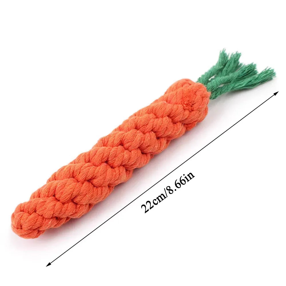 Close-up of braided cotton carrot dog toy with durable stitching