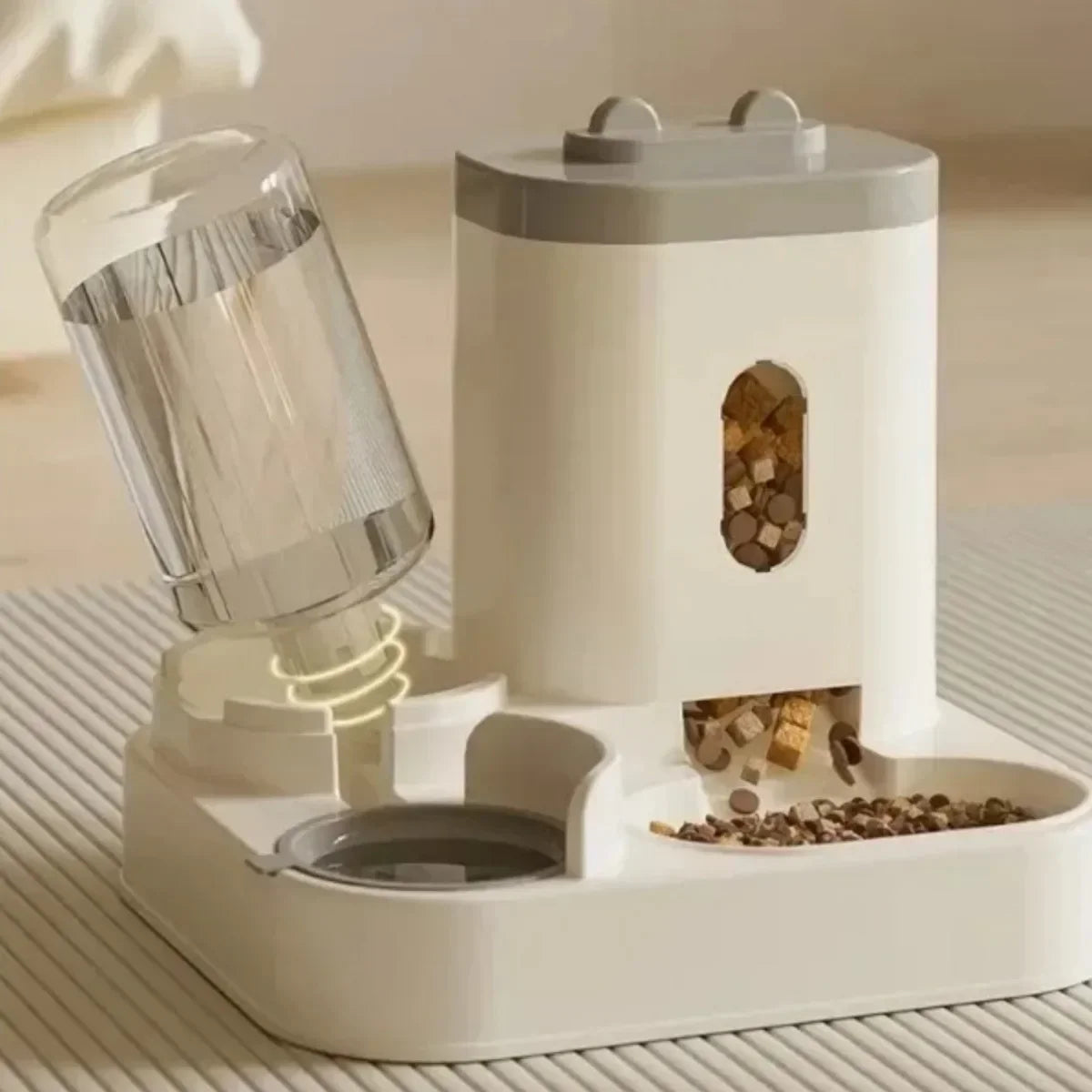 Dual bowl pet feeder with dry food and water storage compartments