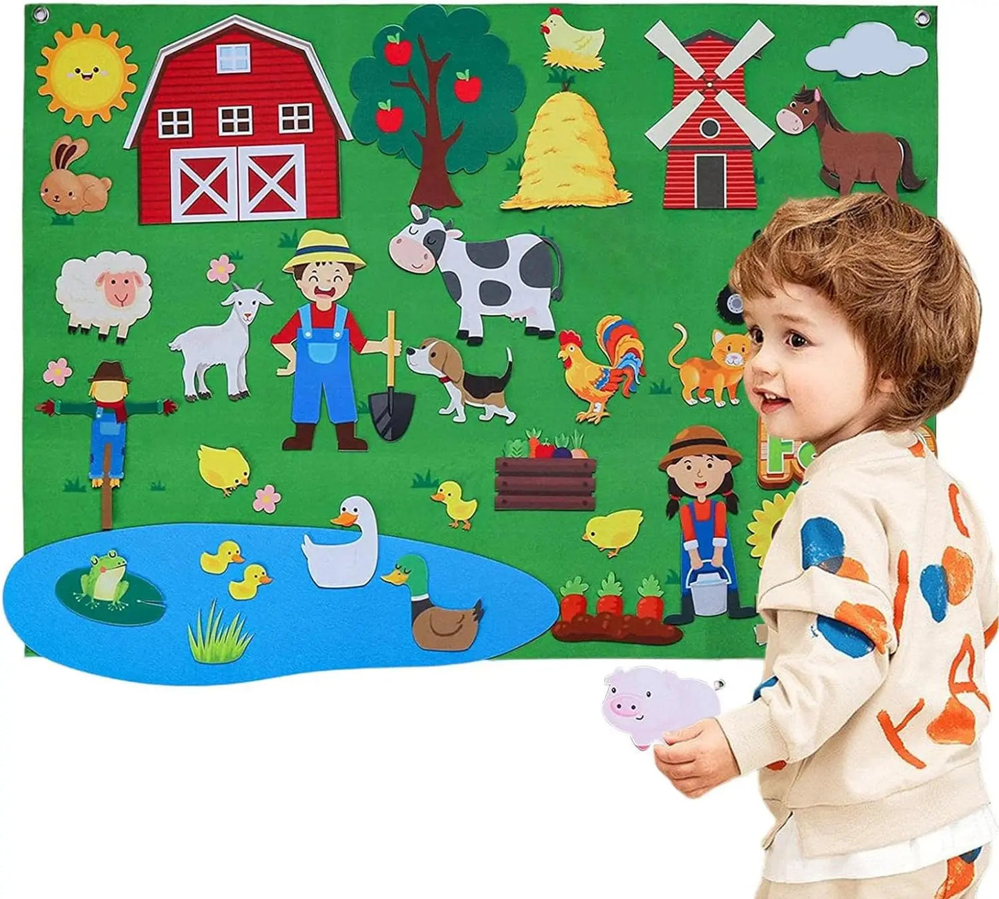 Child dressing up a felt bear with weather-appropriate clothing on calendar board