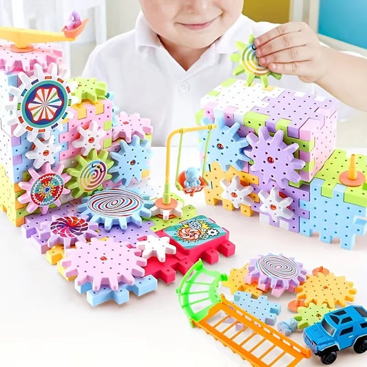 Educational electric gear toy set for children developing engineering and fine motor skills.