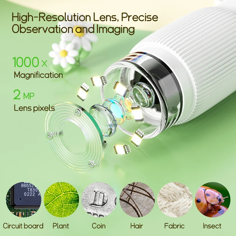 Educational microscope for kids with LED light, photo capture, and real-time video.
