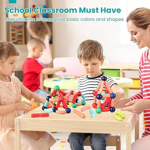 Family enjoying playtime with magnetic balls and sticks STEM construction toy.