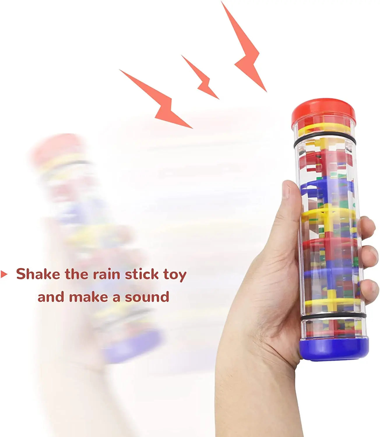 Hand holding a colorful rain stick toy with text on a white background