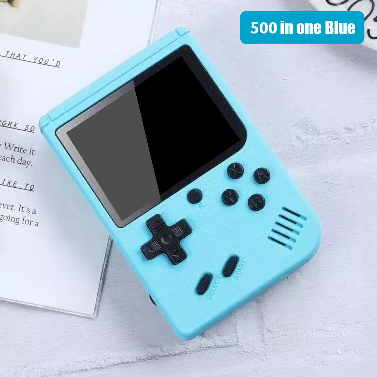 USB rechargeable retro handheld game console with compact design for travel.