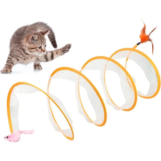 Cat playing inside the collapsible cat tunnel with feather and mouse toy ends.