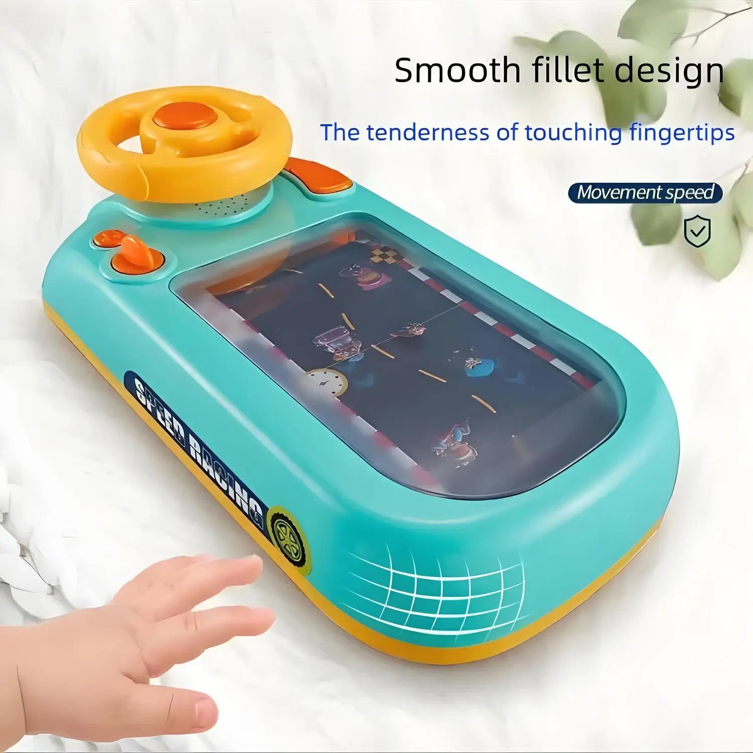 Toddler pretending to drive with turn signals and light-up dashboard toy