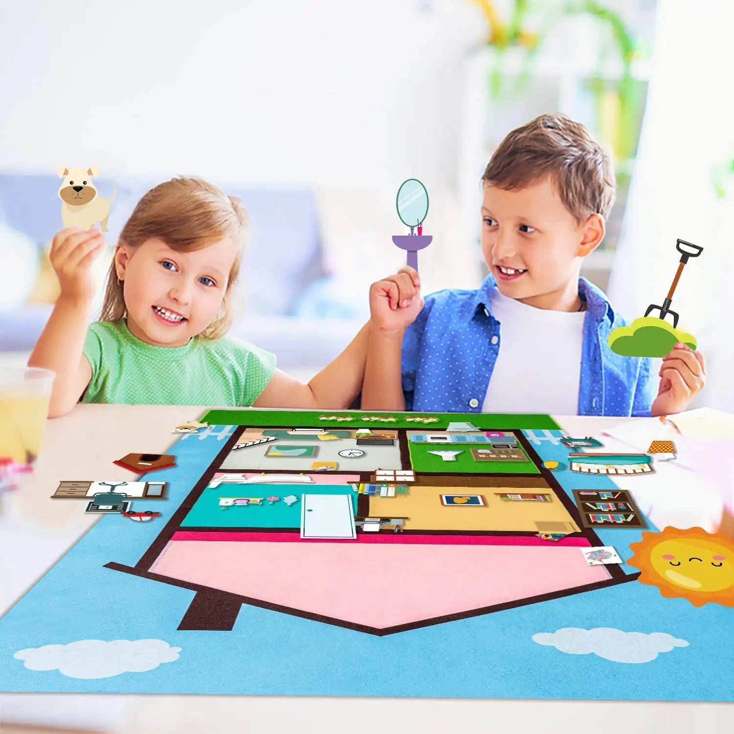Preschooler placing felt sun and date pieces on a colourful daily routine chart