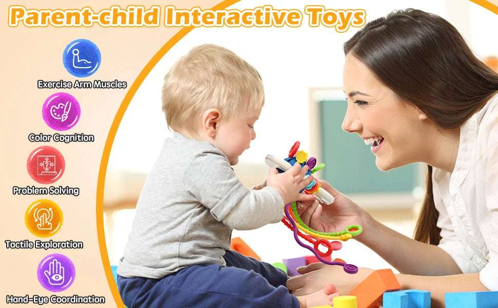 Montessori-inspired sensory teething toy for motor skill development.