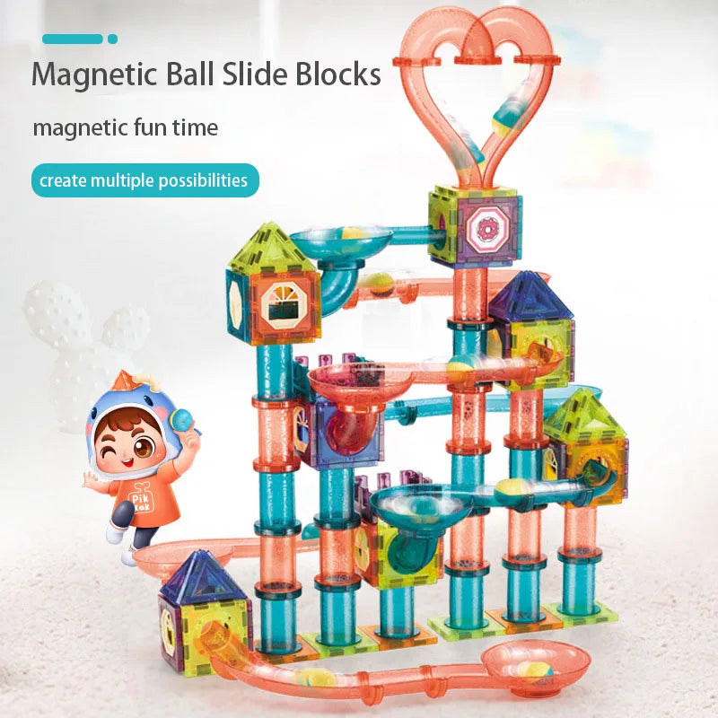 LED construction toy with magnetic bricks and racing bead ball.