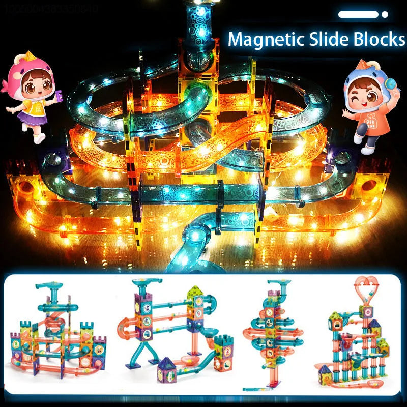 LED magnetic track toy for creative kids STEM construction play.