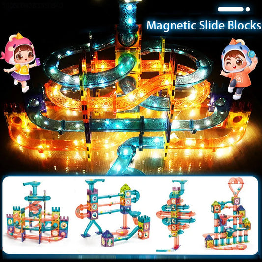 LED magnetic track toy for creative kids STEM construction play.