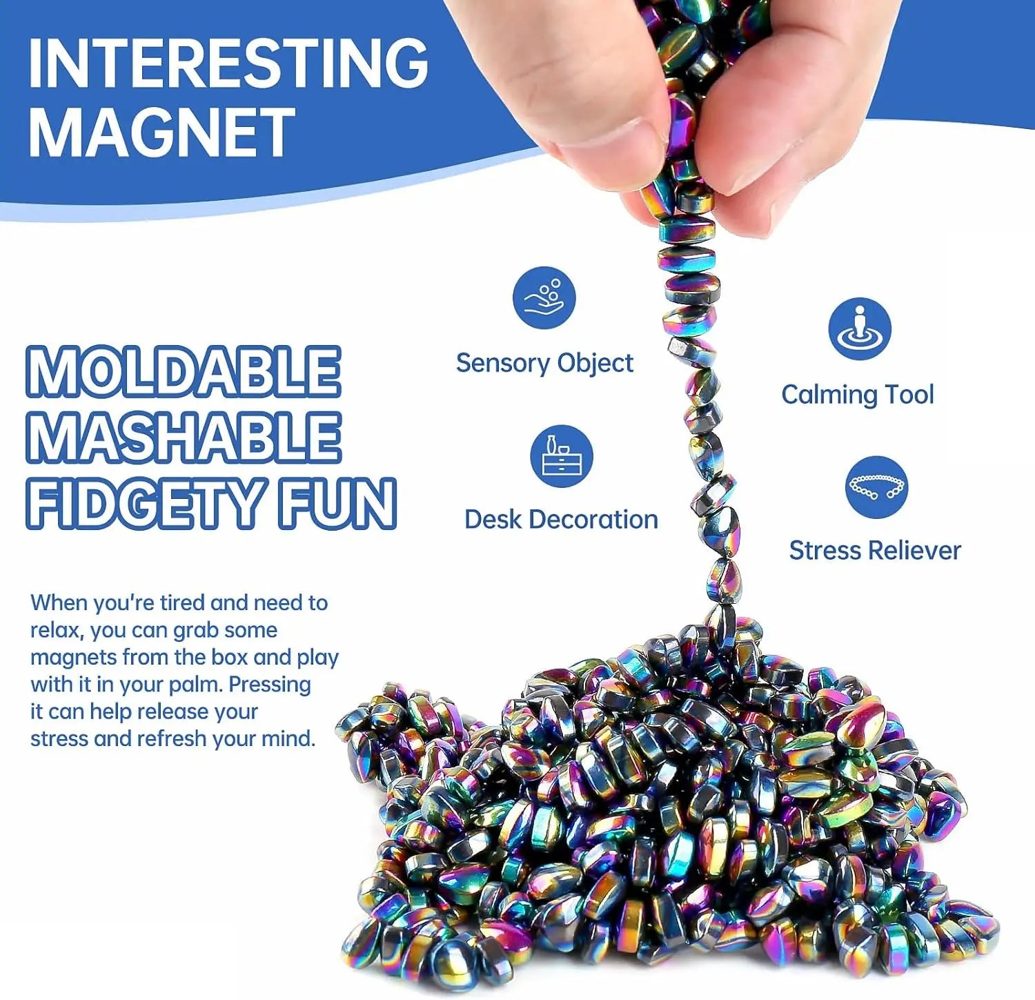 Close-up of ADHD fidget toy – squishy putty with magnetic pebbles clinging to surface"